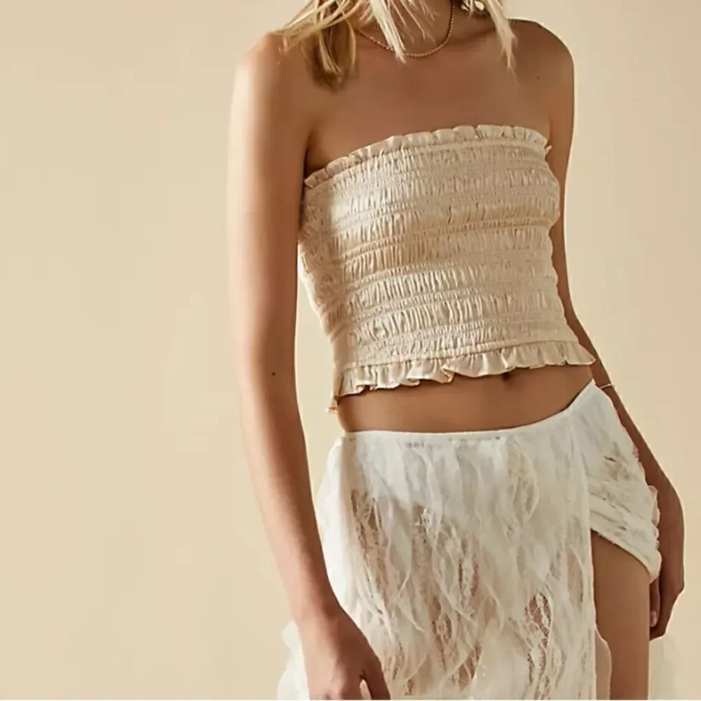 NWOT Free People Be Right Back Tube Smocked Ruffled Cream Strapless Shiny Chic